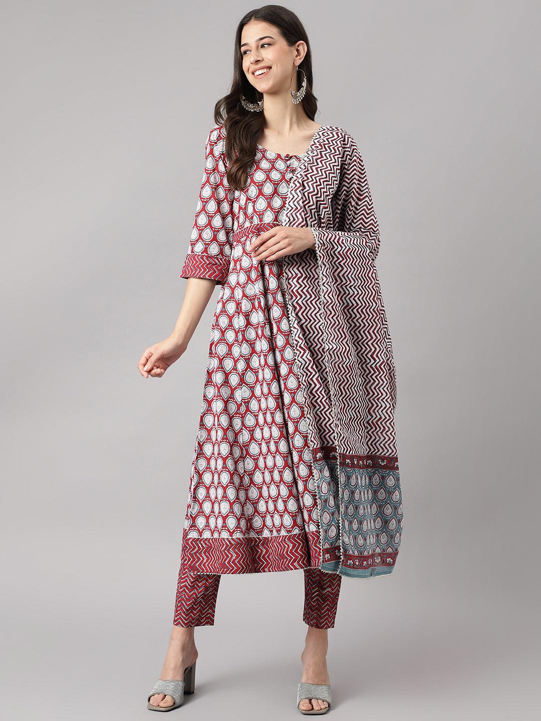 Maroon-Cotton-Anakali-3-Piece-Kurta-Set
