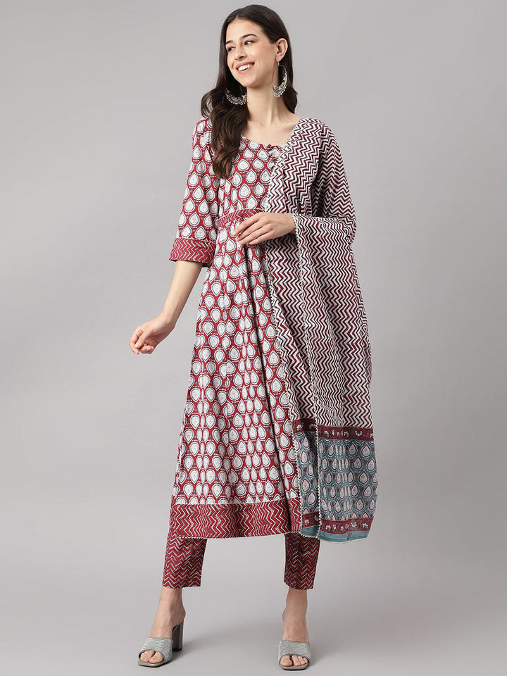 Maroon-Cotton-Anakali-3-Piece-Kurta-Set