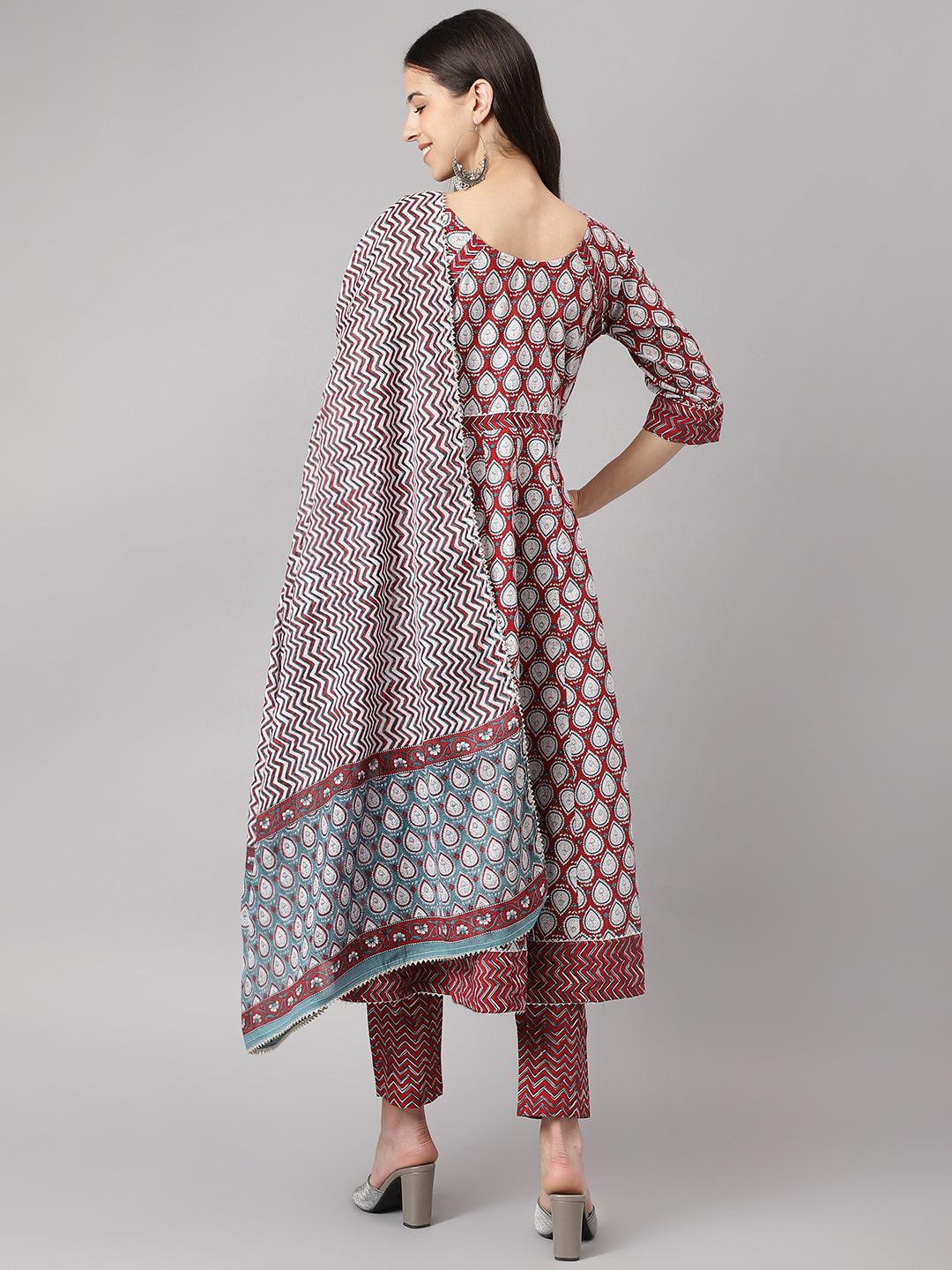 Maroon-Cotton-Anakali-3-Piece-Kurta-Set