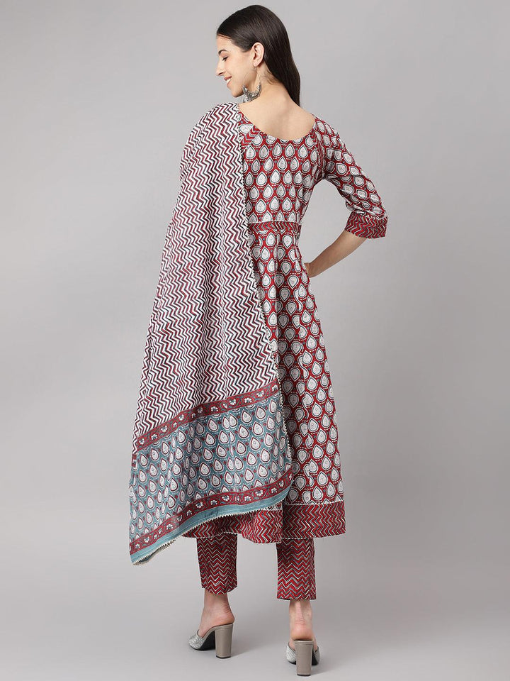 Maroon-Cotton-Anakali-3-Piece-Kurta-Set
