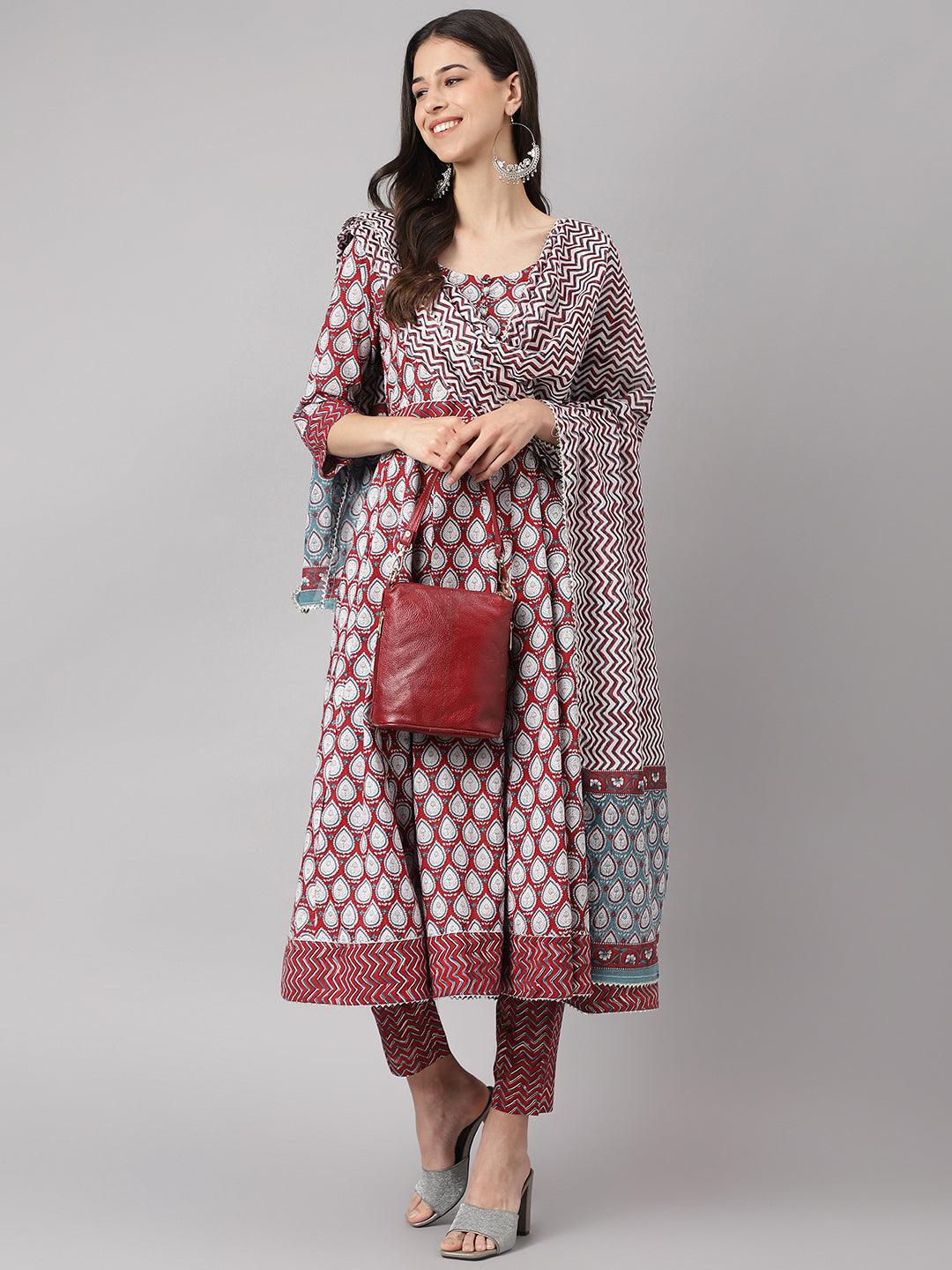 Maroon-Cotton-Anakali-3-Piece-Kurta-Set