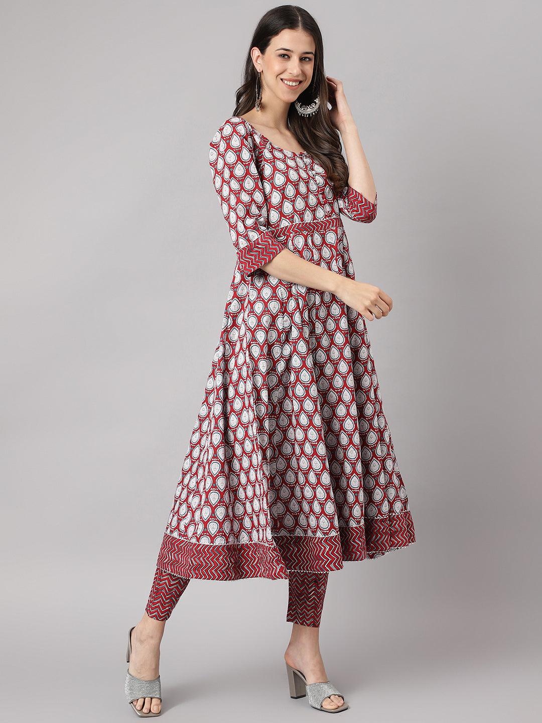 Maroon-Cotton-Anakali-3-Piece-Kurta-Set