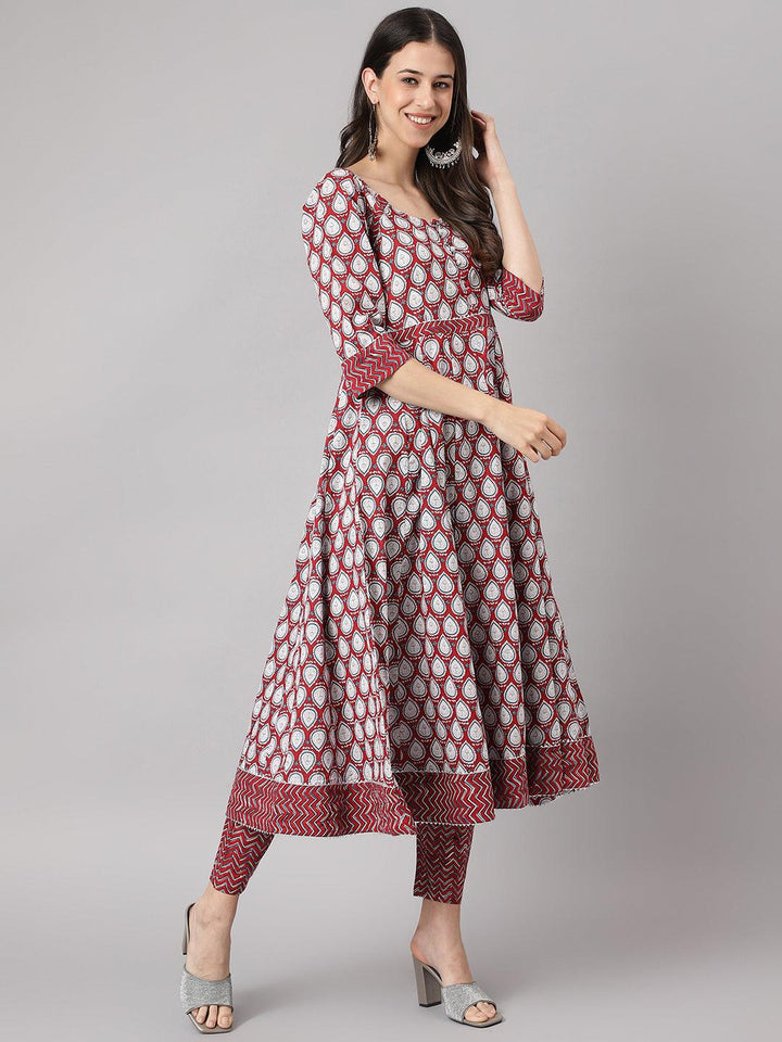 Maroon-Cotton-Anakali-3-Piece-Kurta-Set
