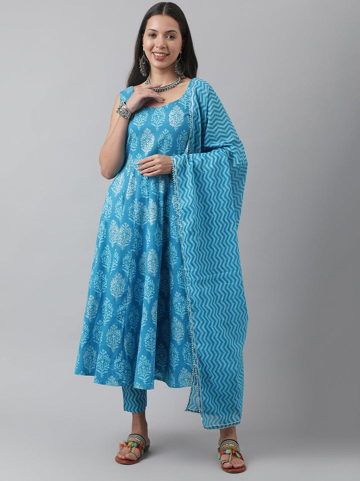 Turquoise-Blue-Cotton-Floral-3-Piece-Anarkali-Set