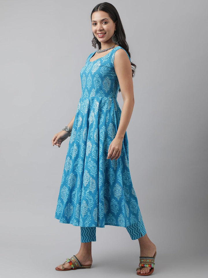 Turquoise-Blue-Cotton-Floral-3-Piece-Anarkali-Set