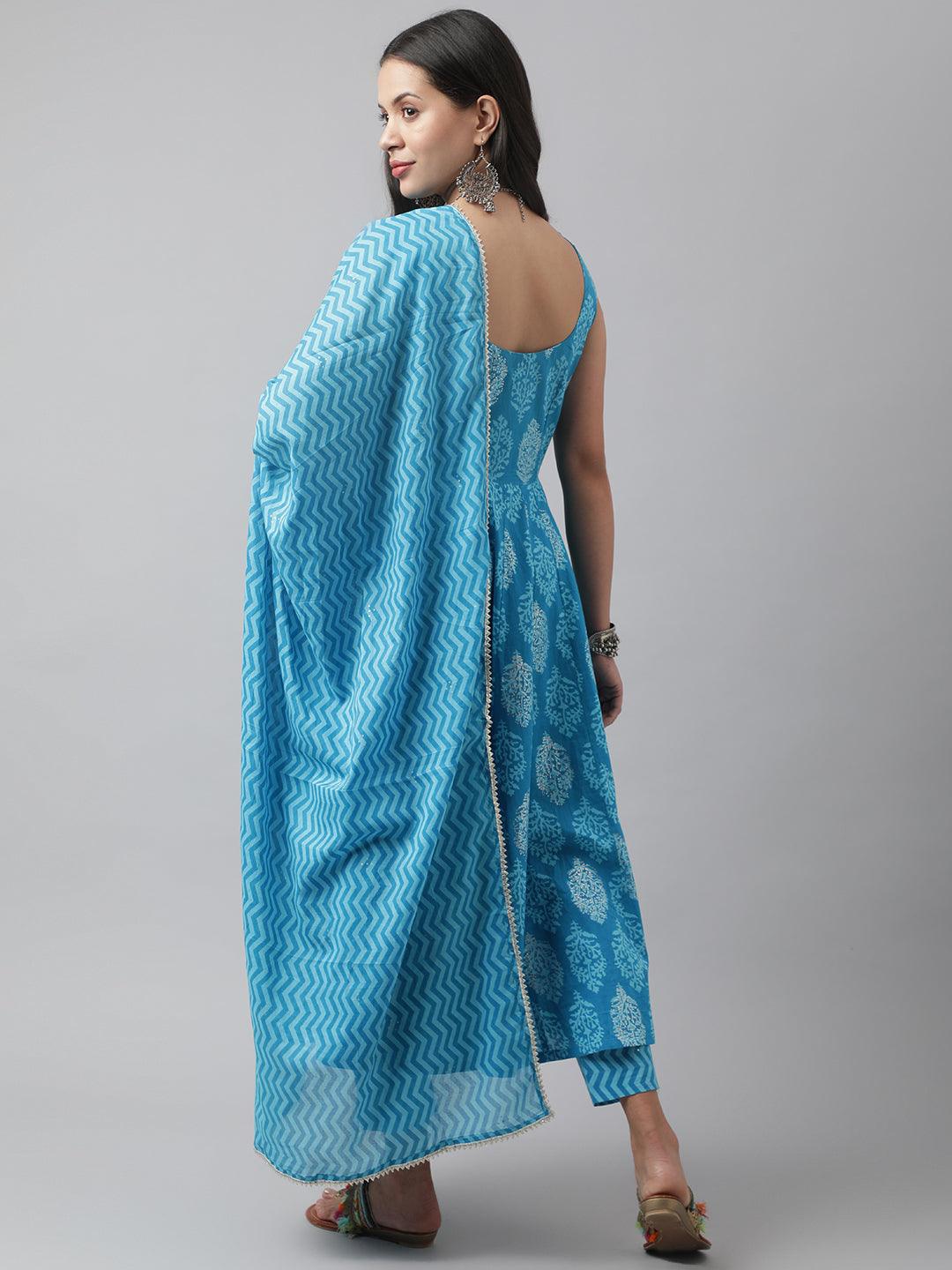 Turquoise-Blue-Cotton-Floral-3-Piece-Anarkali-Set