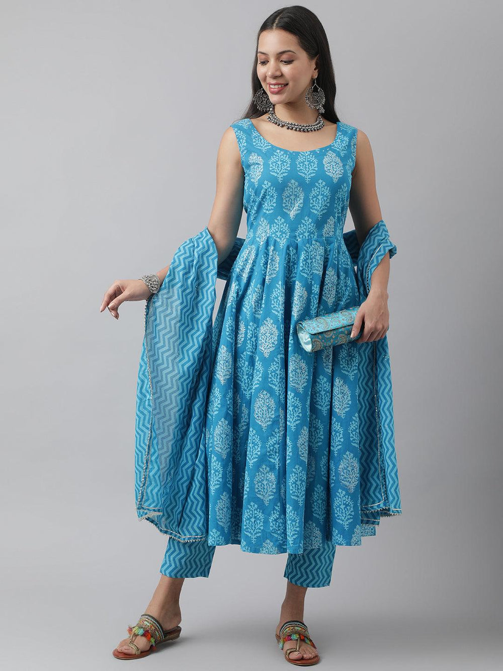 Turquoise-Blue-Cotton-Floral-3-Piece-Anarkali-Set