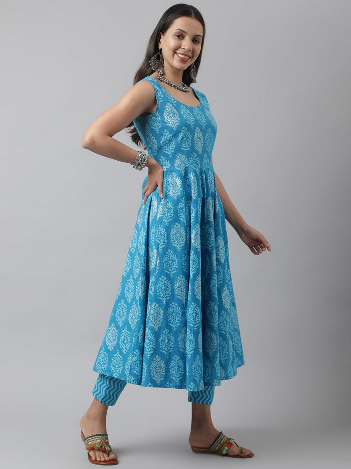 Turquoise-Blue-Cotton-Floral-3-Piece-Anarkali-Set