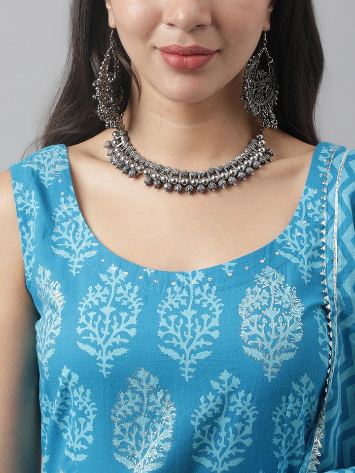Turquoise-Blue-Cotton-Floral-3-Piece-Anarkali-Set