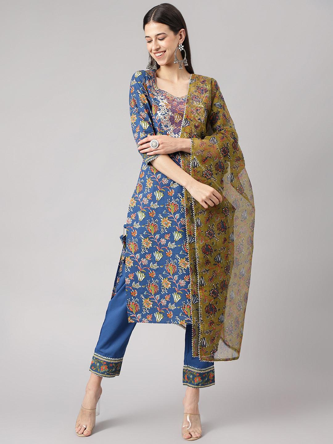 Blue-Cotton--Floral-Printed-3-Piece-Kurta-Set