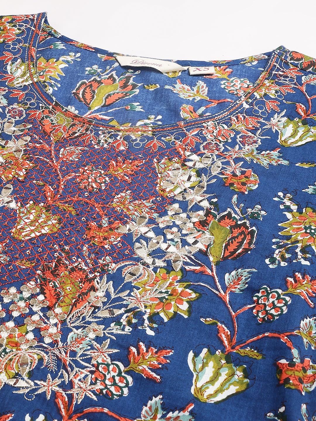 Blue-Cotton--Floral-Printed-3-Piece-Kurta-Set
