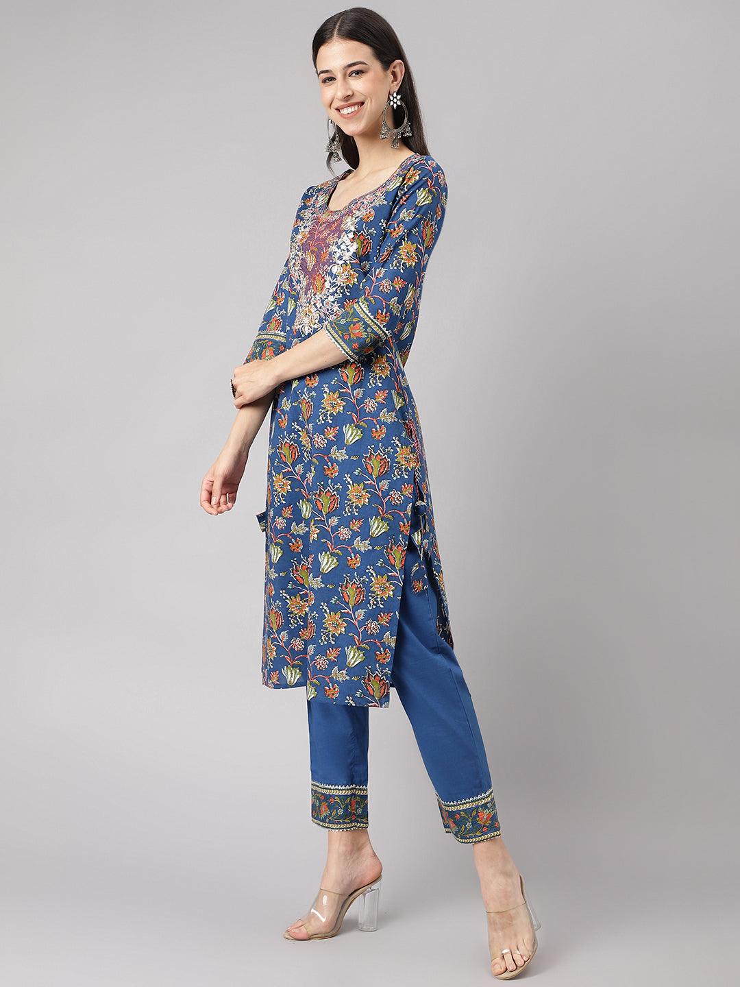 Blue-Cotton--Floral-Printed-3-Piece-Kurta-Set