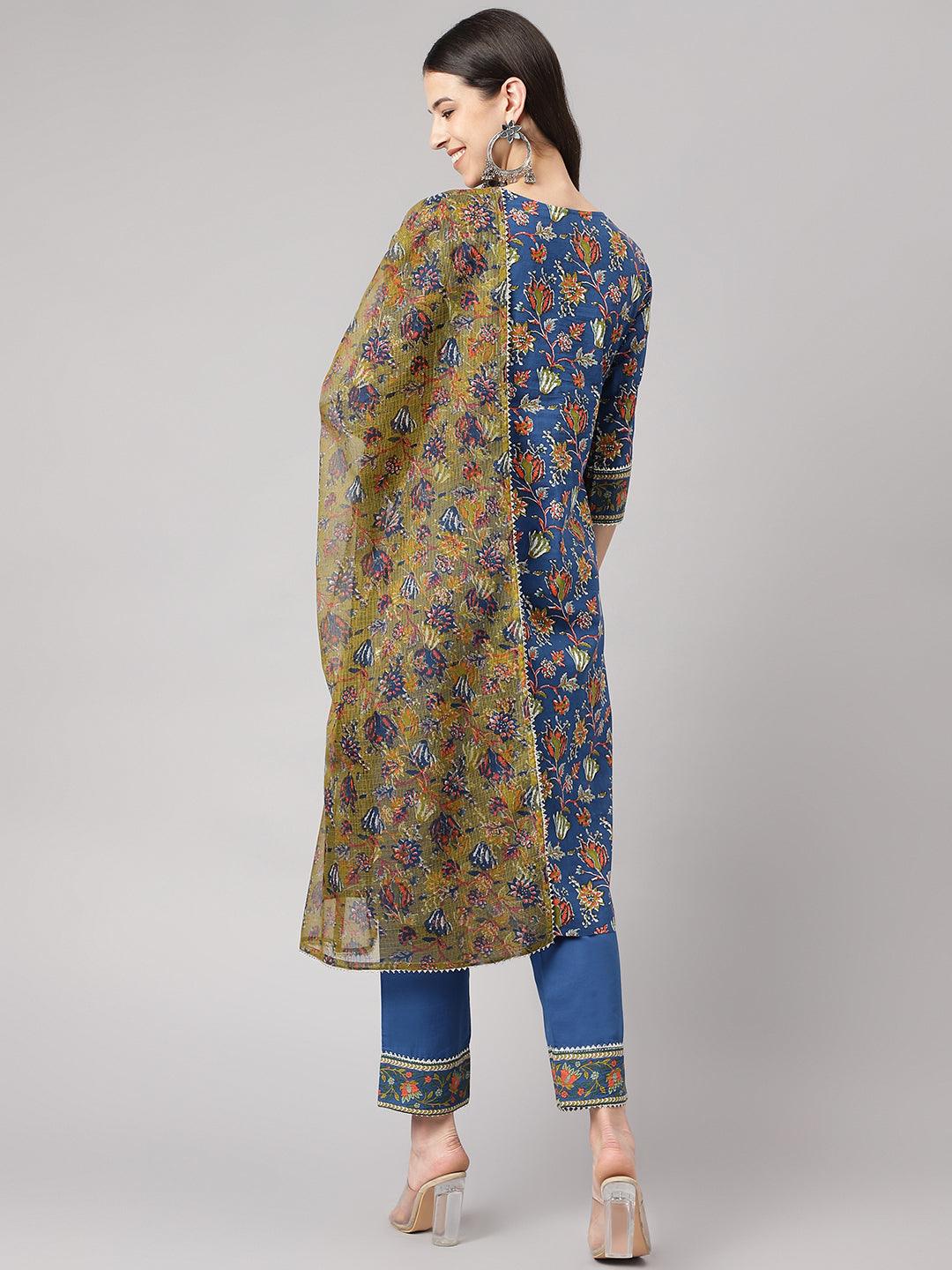 Blue-Cotton--Floral-Printed-3-Piece-Kurta-Set