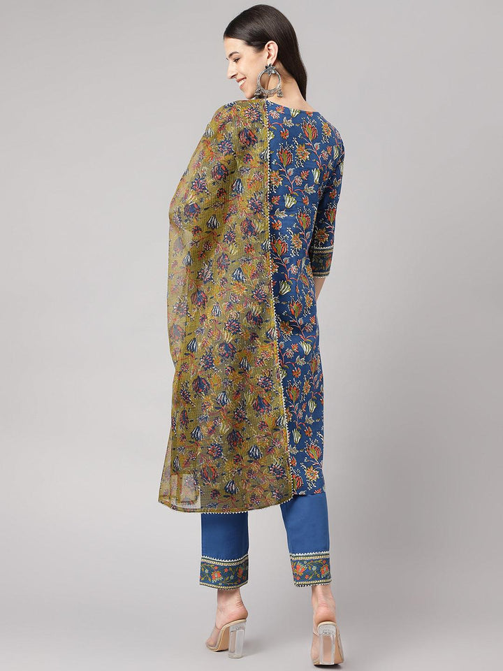 Blue-Cotton--Floral-Printed-3-Piece-Kurta-Set