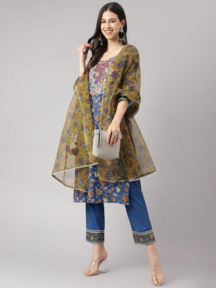 Blue-Cotton--Floral-Printed-3-Piece-Kurta-Set