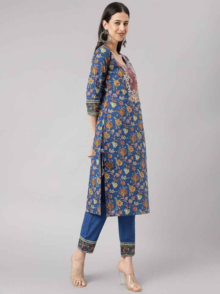 Blue-Cotton--Floral-Printed-3-Piece-Kurta-Set