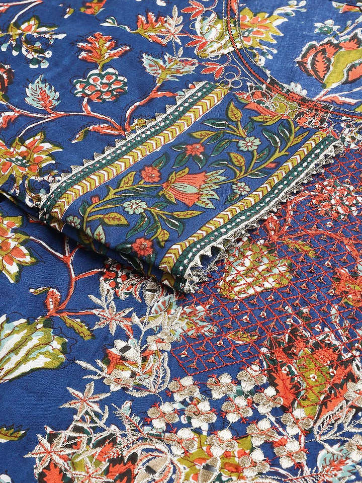 Blue-Cotton--Floral-Printed-3-Piece-Kurta-Set
