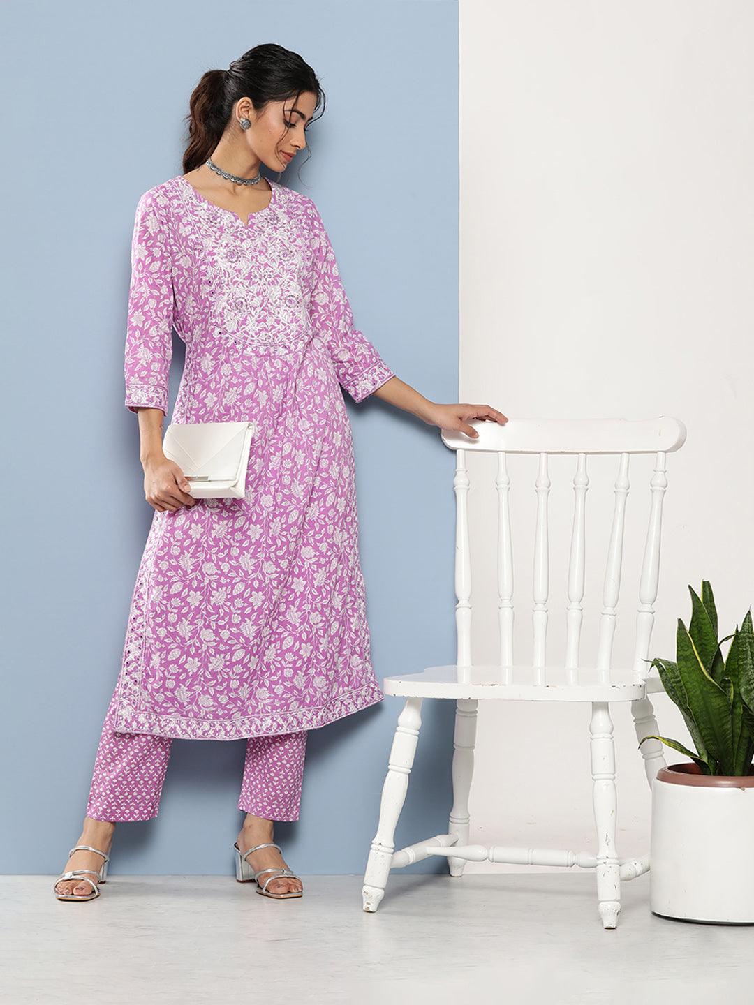 Purple-Pure-Cotton-Gethered-Floral-Printed-2-Piece-Kurta-Set