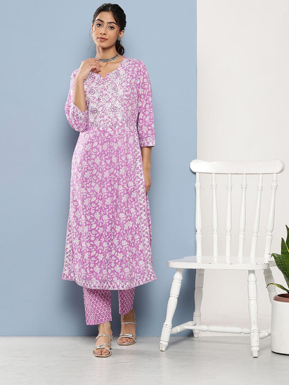 Purple-Pure-Cotton-Gethered-Floral-Printed-2-Piece-Kurta-Set