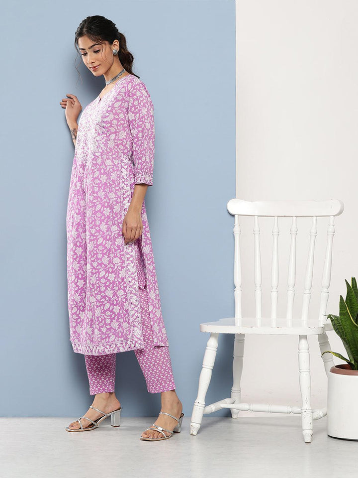 Purple-Pure-Cotton-Gethered-Floral-Printed-2-Piece-Kurta-Set