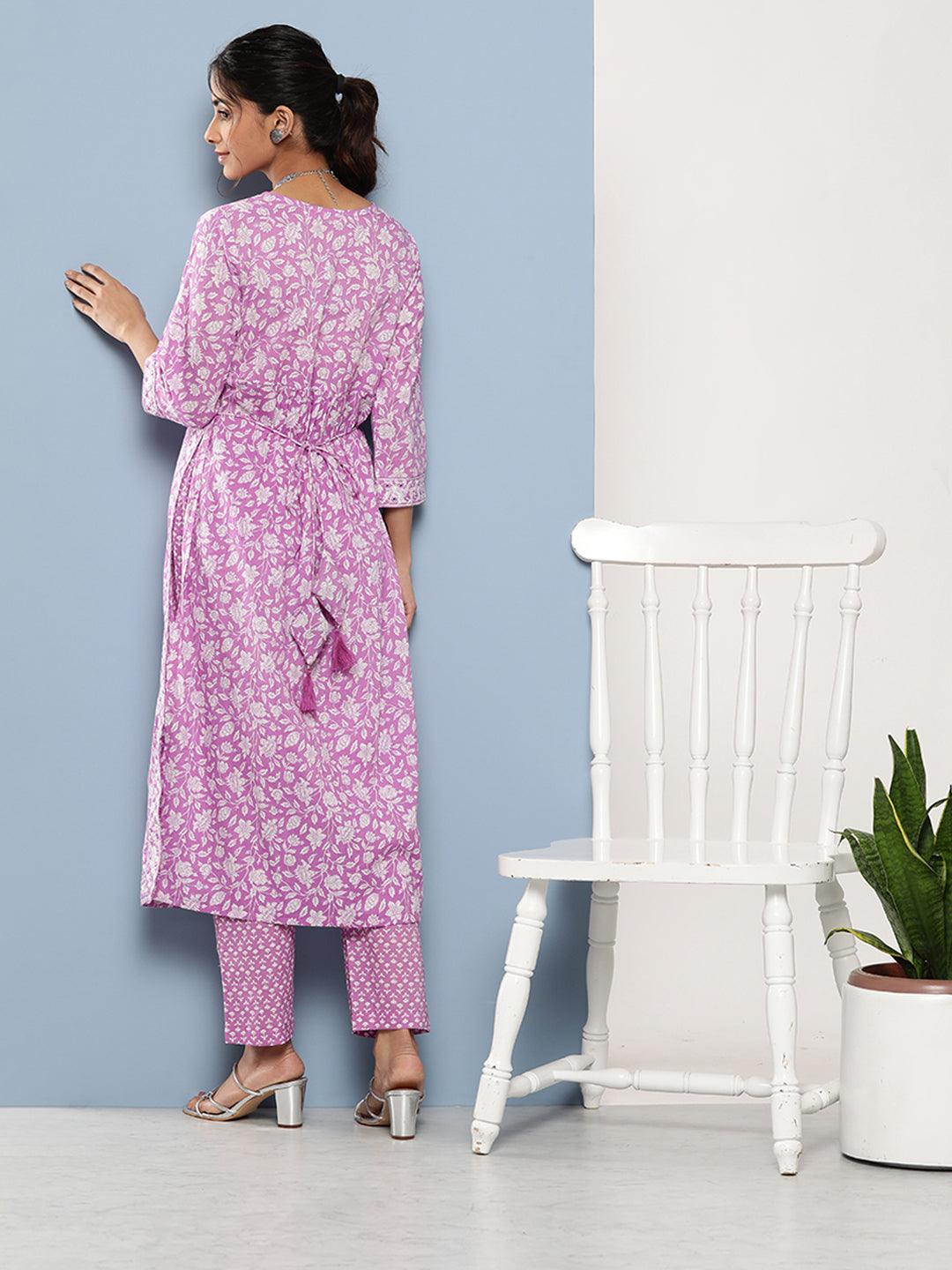 Purple-Pure-Cotton-Gethered-Floral-Printed-2-Piece-Kurta-Set