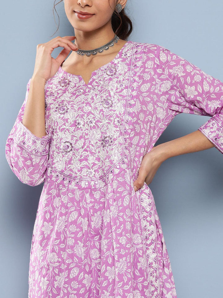 Purple-Pure-Cotton-Gethered-Floral-Printed-2-Piece-Kurta-Set