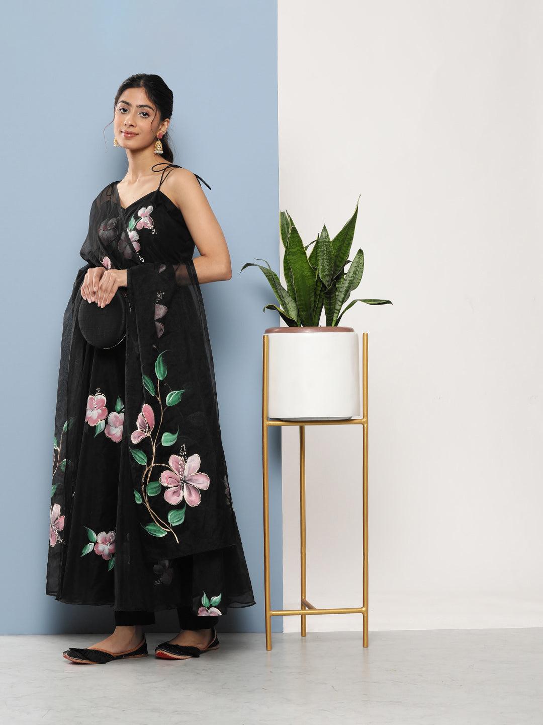 Black-Organza-Hand-Painted-Floral-3-Piece-Anarkali-Set