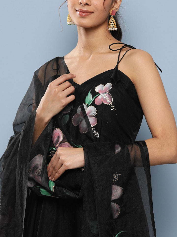 Black-Organza-Hand-Painted-Floral-3-Piece-Anarkali-Set