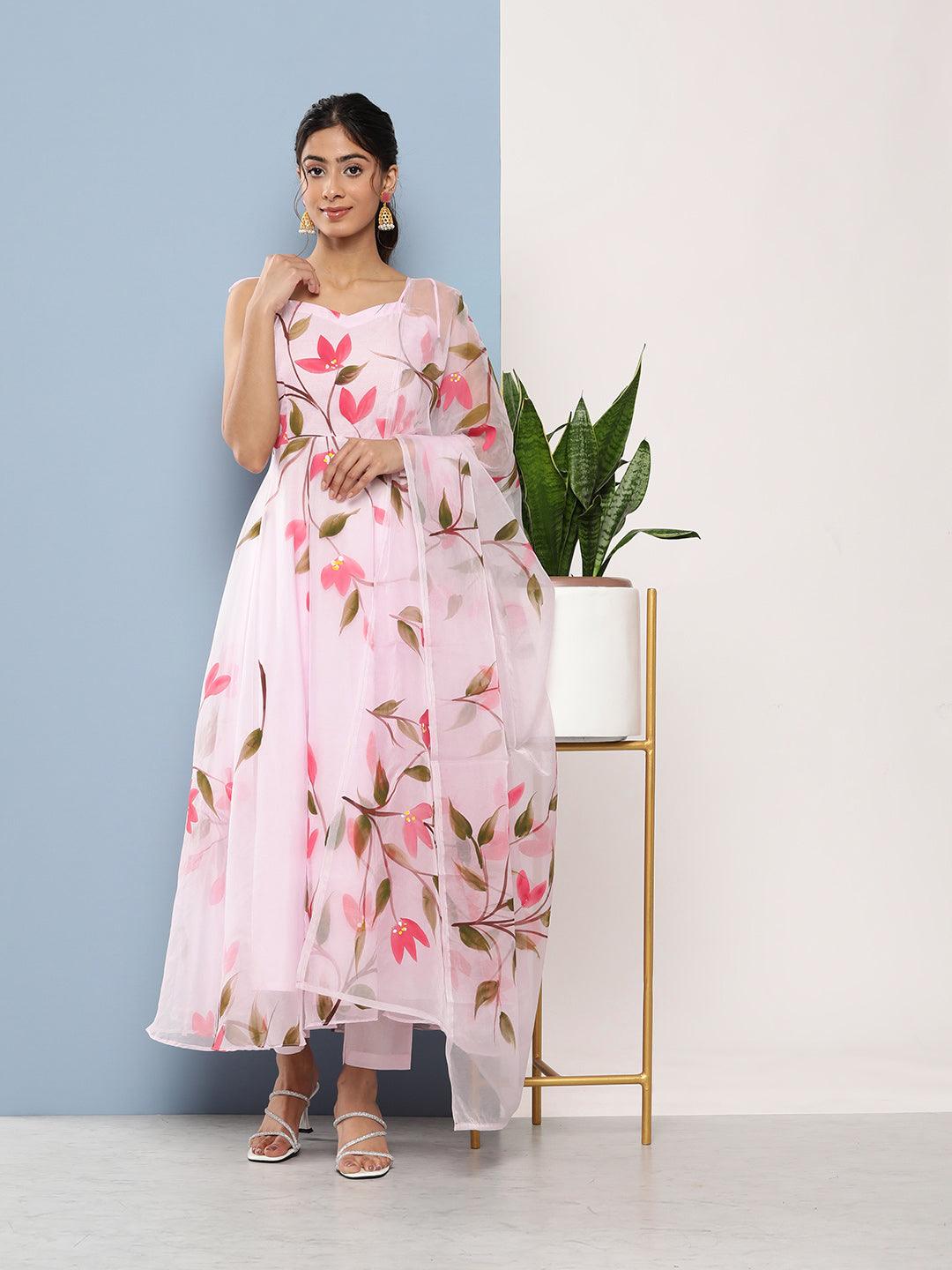 Pink-Organza-Hand-Painted-Floral-3-Piece-Anarkali-Set