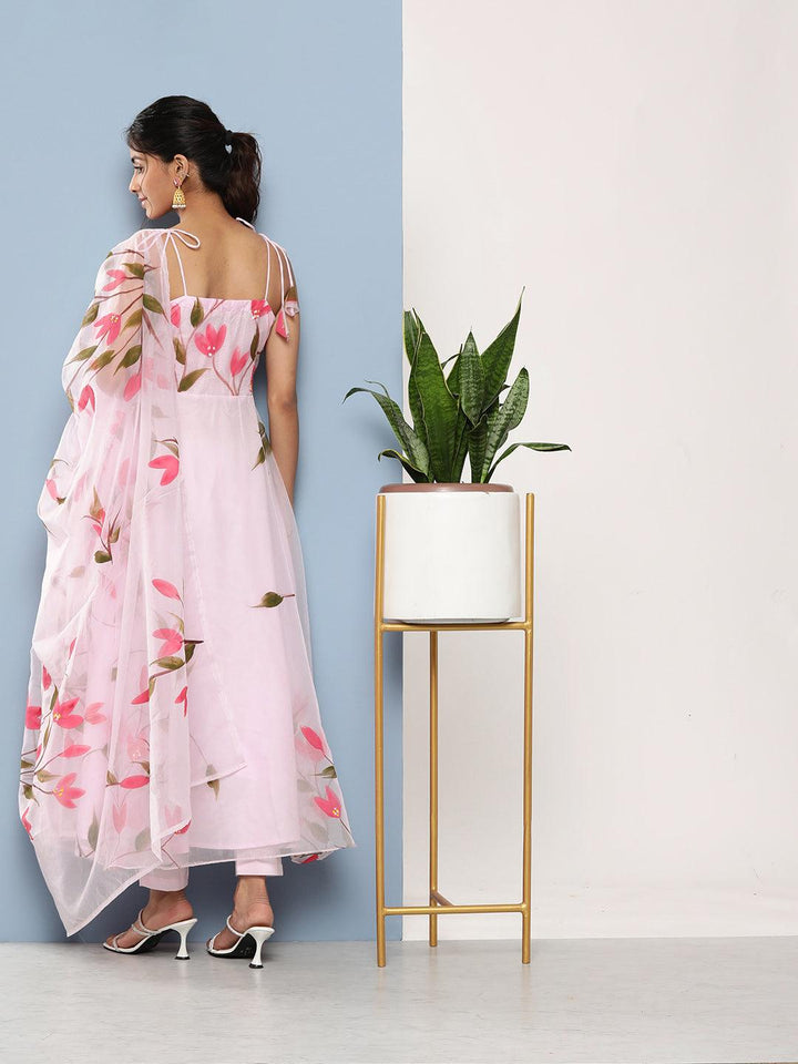 Pink-Organza-Hand-Painted-Floral-3-Piece-Anarkali-Set
