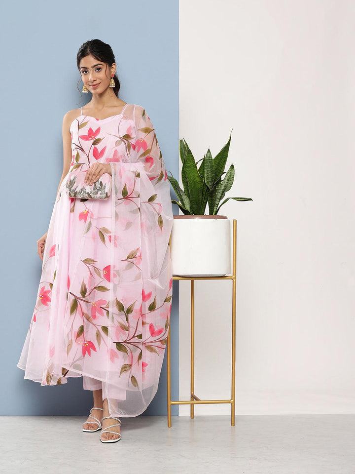 Pink-Organza-Hand-Painted-Floral-3-Piece-Anarkali-Set