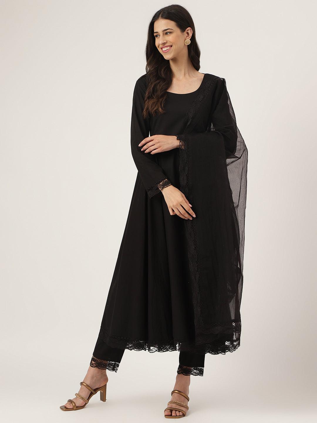 Black-Pure-Cotton-Solid-3-Piece-Anarkali-Set