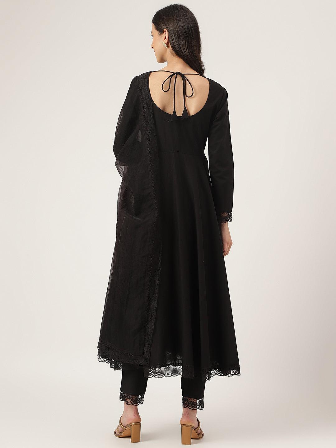 Black-Pure-Cotton-Solid-3-Piece-Anarkali-Set