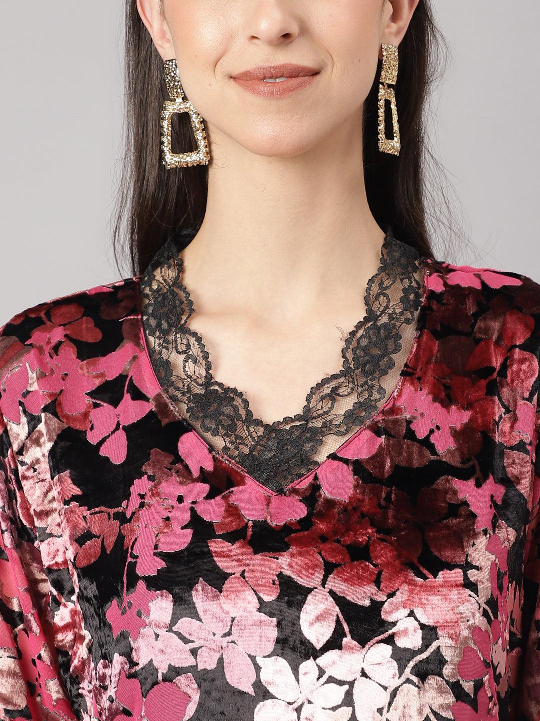 Black-&-Pink-Velvet-Burn-Out-3-Piece-Kurta-Set
