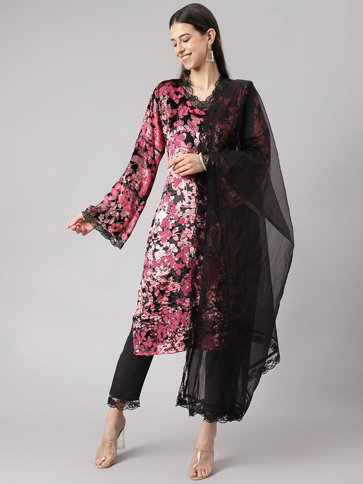 Black-&-Pink-Velvet-Burn-Out-3-Piece-Kurta-Set