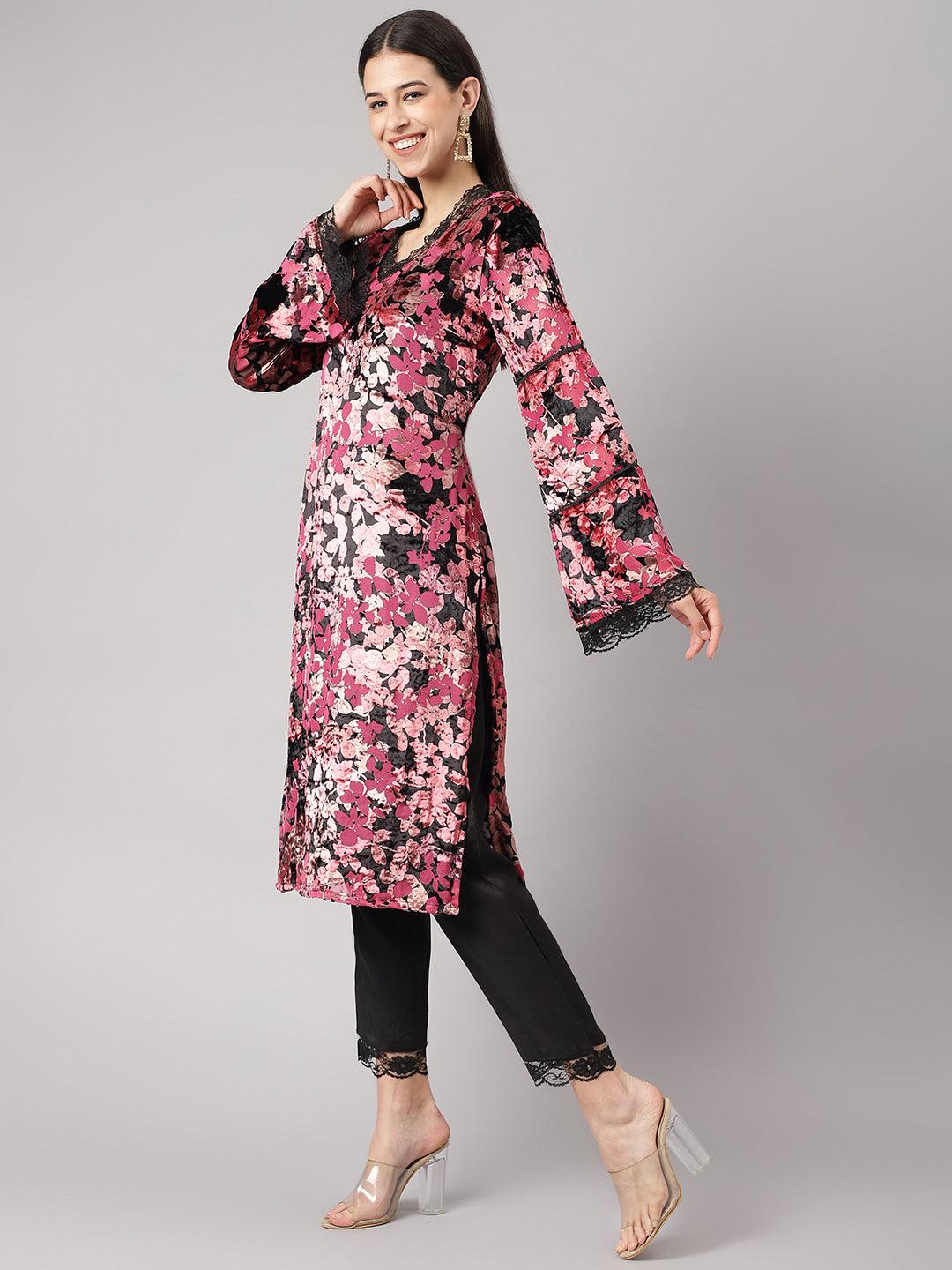Black-&-Pink-Velvet-Burn-Out-3-Piece-Kurta-Set