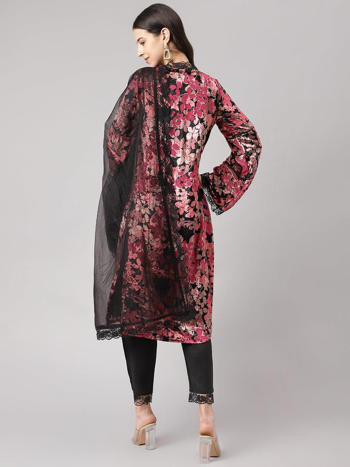 Black-&-Pink-Velvet-Burn-Out-3-Piece-Kurta-Set