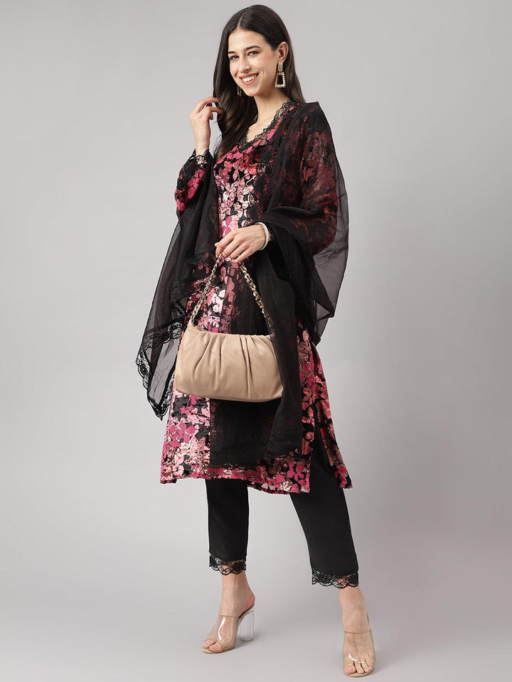 Black-&-Pink-Velvet-Burn-Out-3-Piece-Kurta-Set