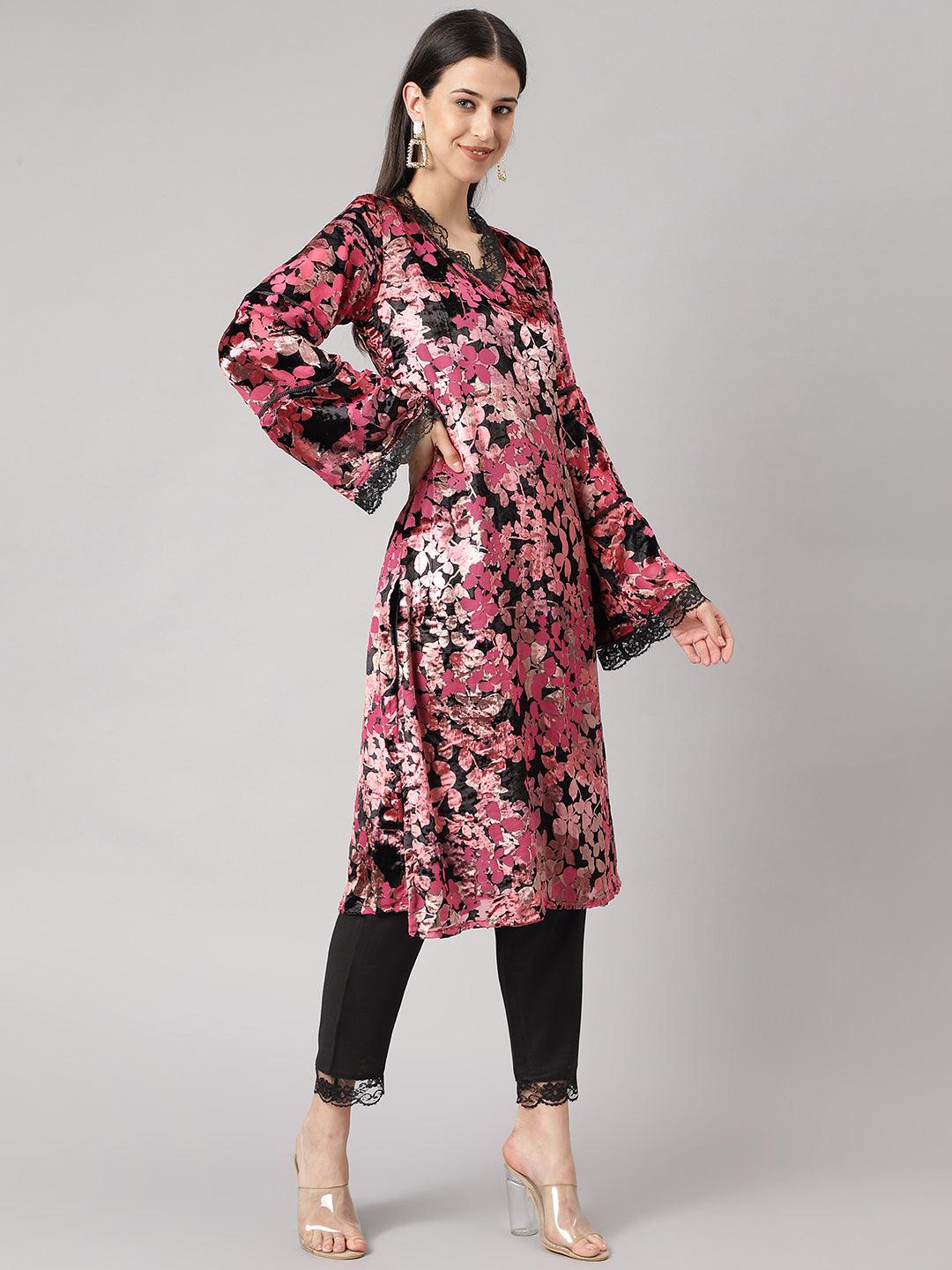 Black-&-Pink-Velvet-Burn-Out-3-Piece-Kurta-Set