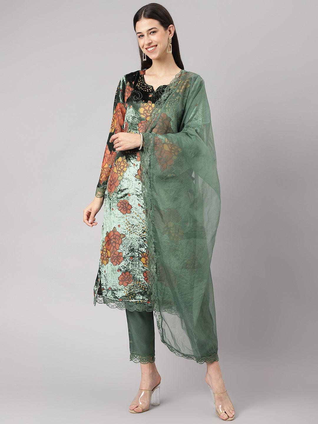 Green-Velvet-Floral-3-Piece-Kurta-Set