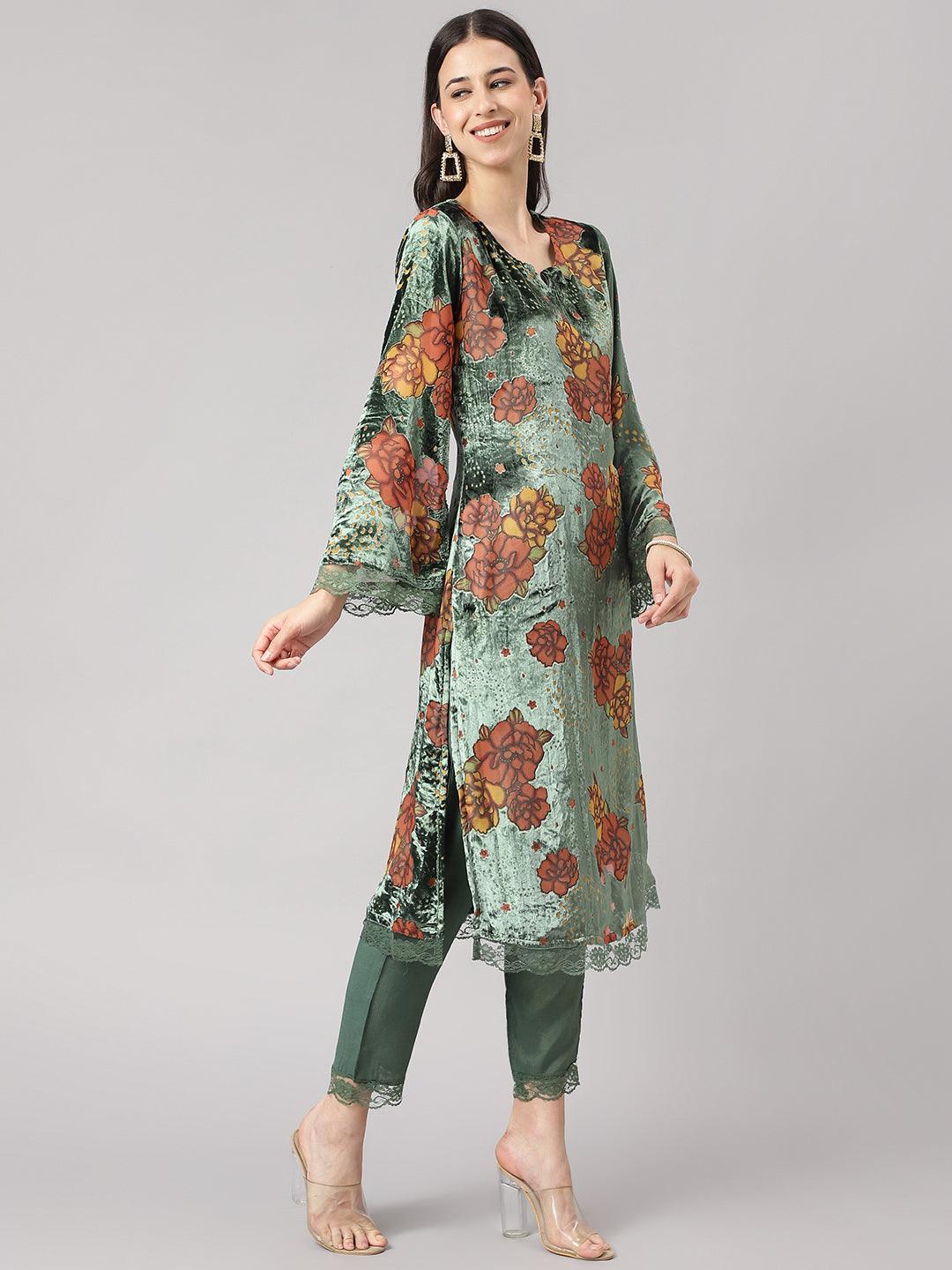 Green-Velvet-Floral-3-Piece-Kurta-Set