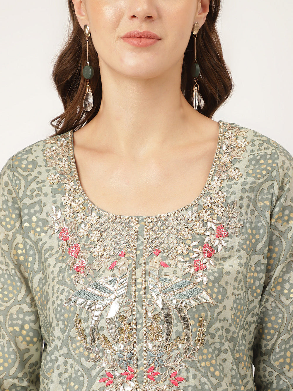 Green-Chanderi-Print-3-Piece-Kurta-Set