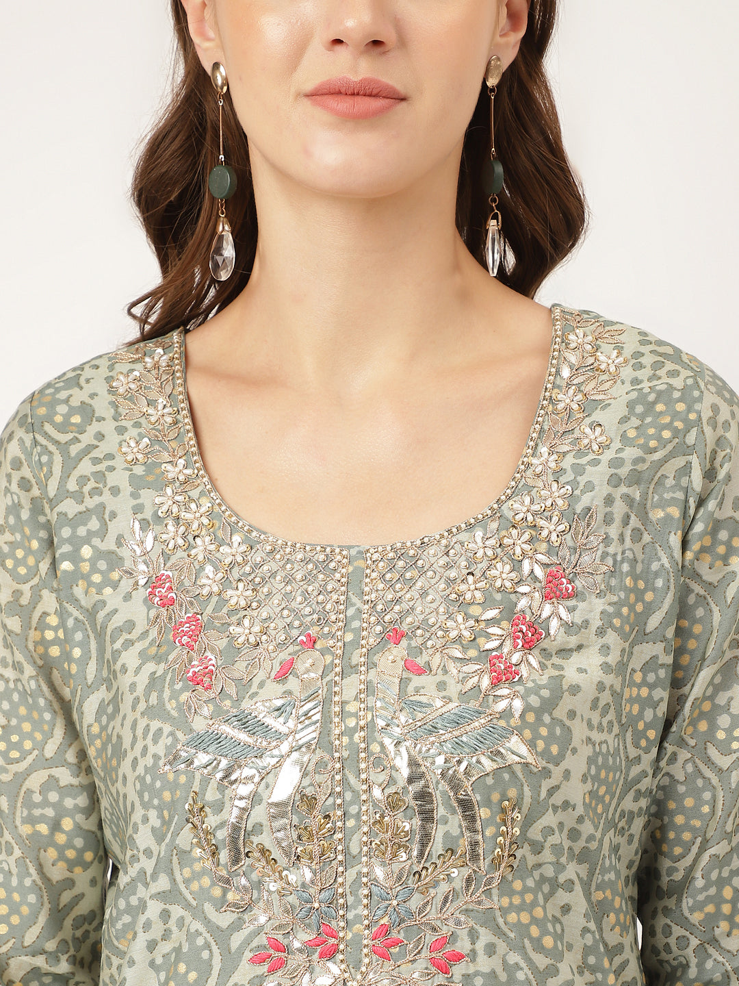 Green-Chanderi-Print-3-Piece-Kurta-Set