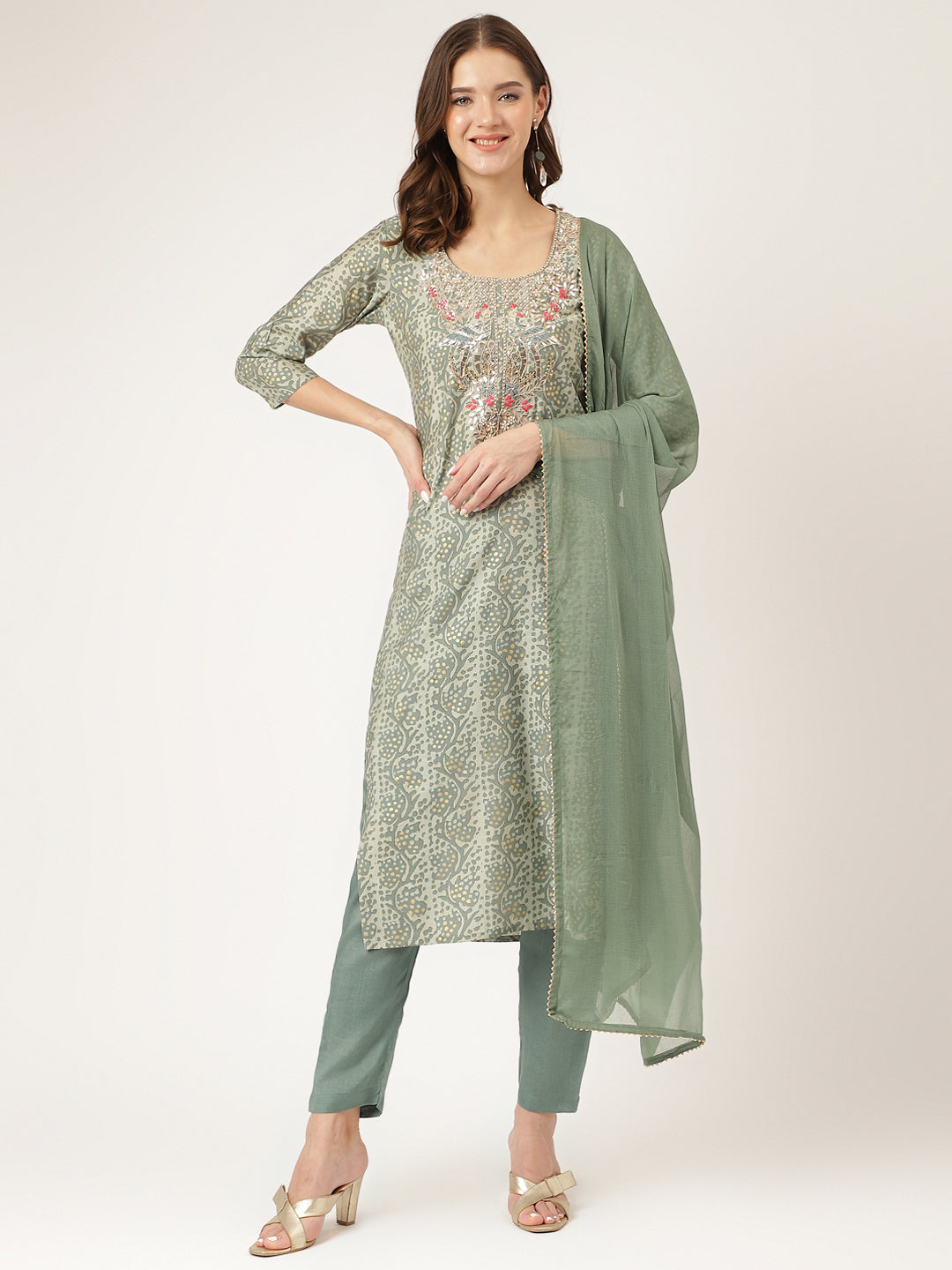 Green-Chanderi-Print-3-Piece-Kurta-Set