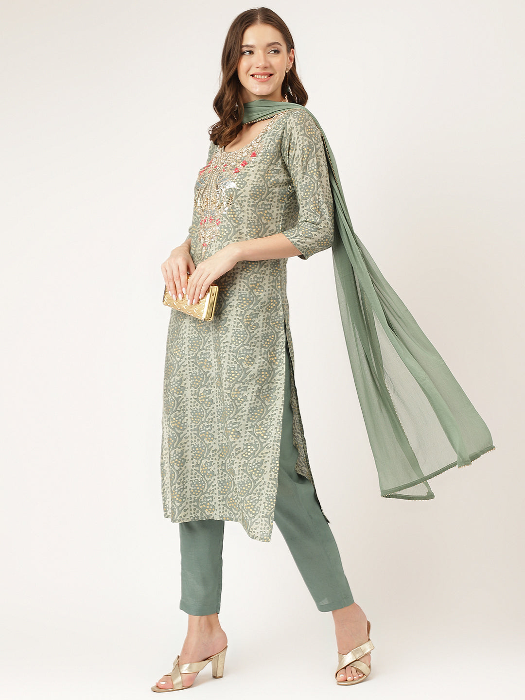 Green-Chanderi-Print-3-Piece-Kurta-Set