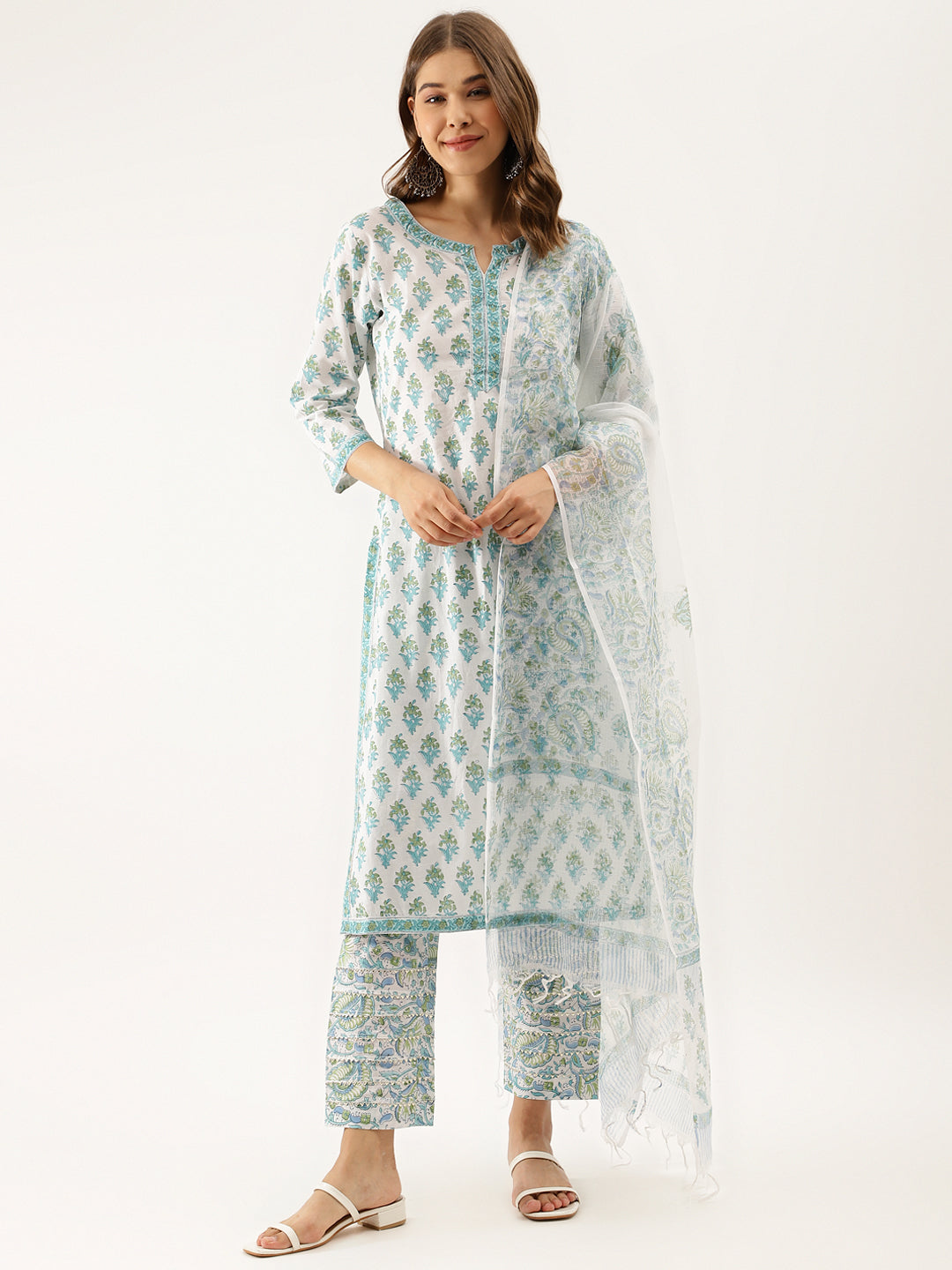 Light-Green-Cotton-Hand-Block-Print-3-Piece-Kurta-Set