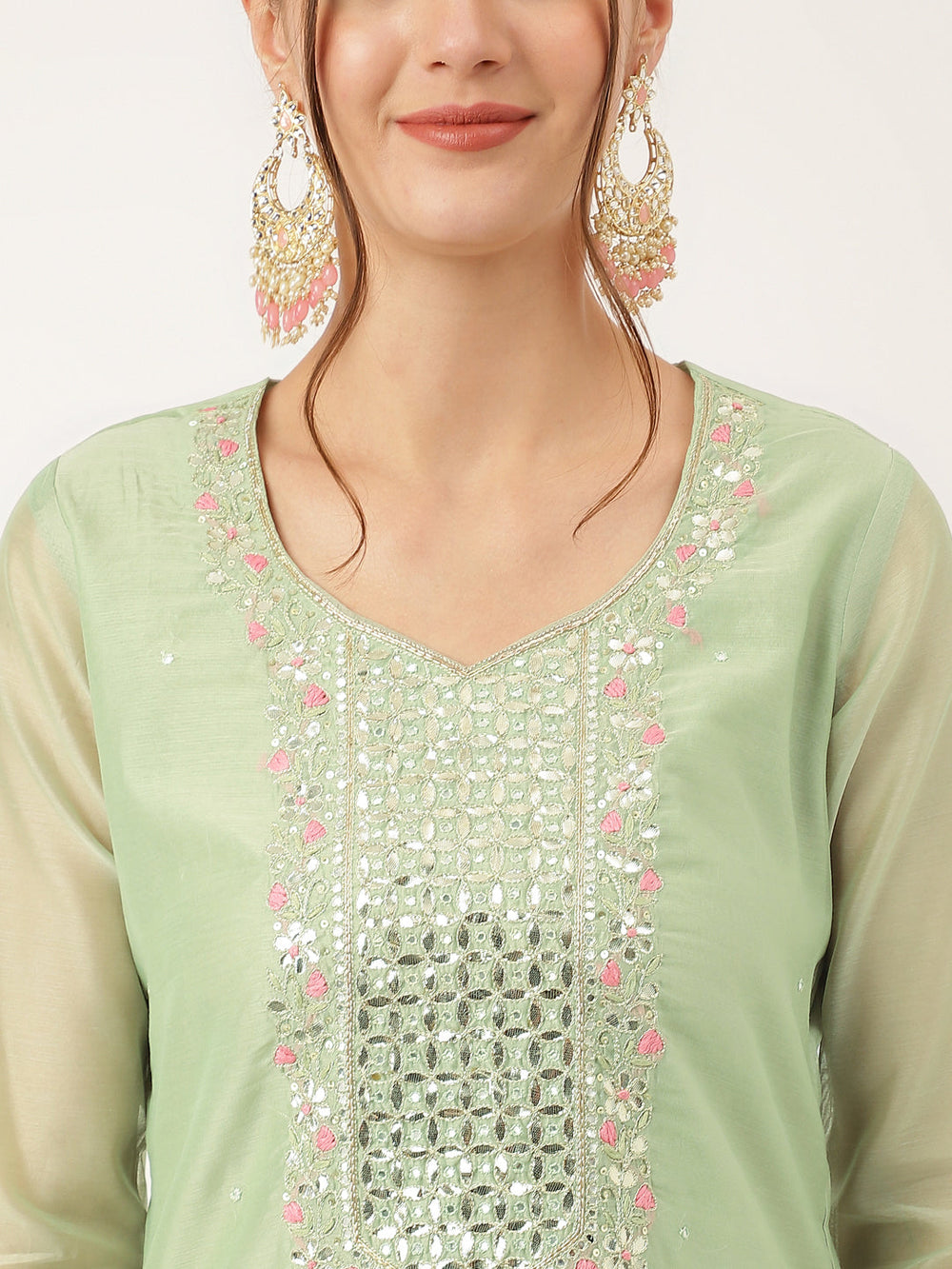 Green-&-Pink-Chanderi-Embroidered-3-Piece-Kurta-Set