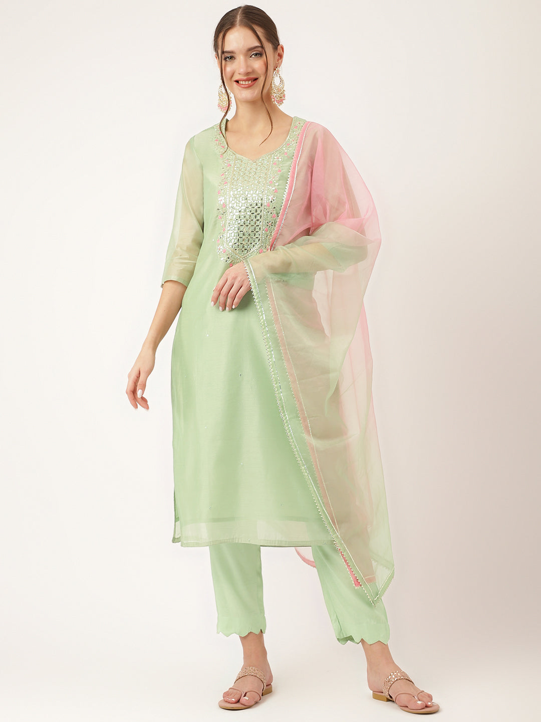 Green-&-Pink-Chanderi-Embroidered-3-Piece-Kurta-Set