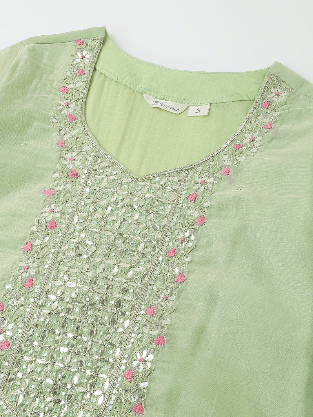 Green-&-Pink-Chanderi-Embroidered-3-Piece-Kurta-Set