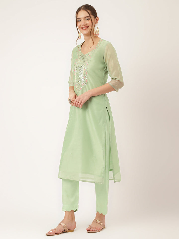 Green-&-Pink-Chanderi-Embroidered-3-Piece-Kurta-Set